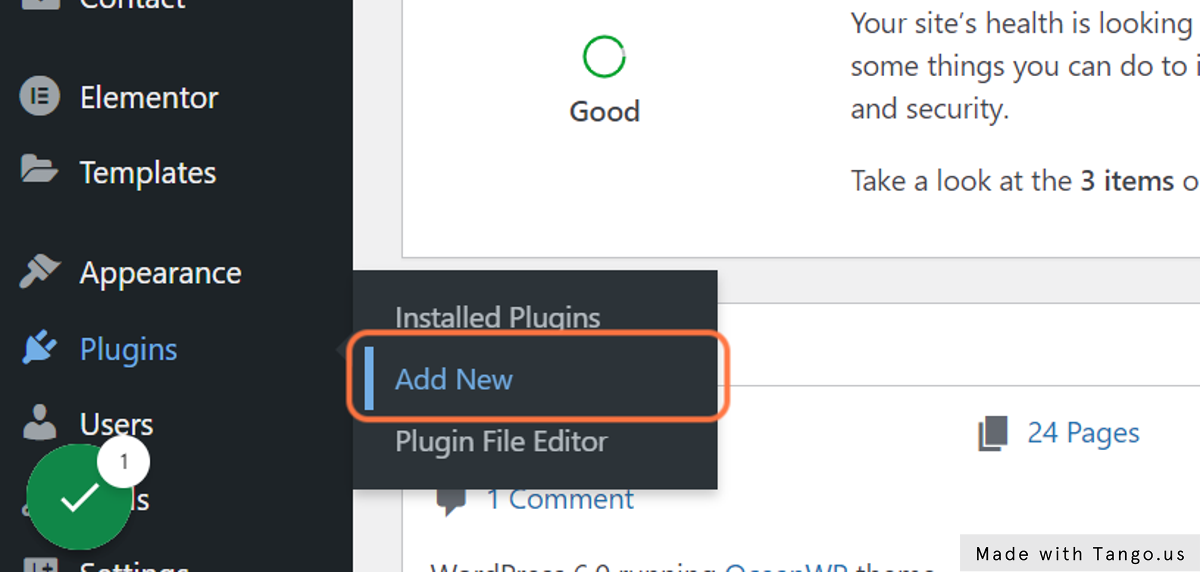 Hover over the Plugins menu on the left hand panel and click Add New.