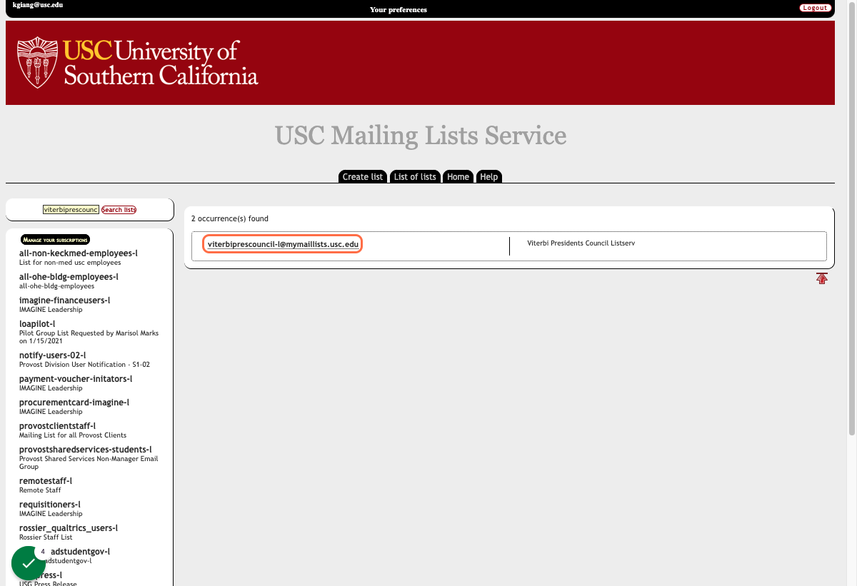 Click on "viterbiprescouncil-l@mymaillists.usc.edu"