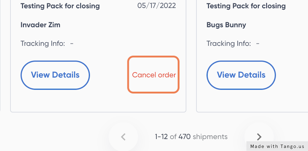 Find the shipment you'd like to cancel and click on "Cancel order"