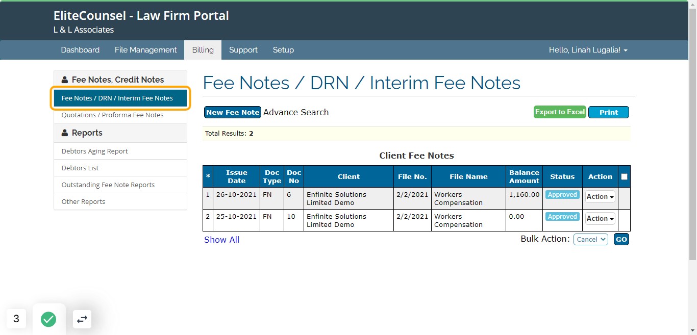 Click on Fee Notes / DRN / Interim Fee Notes link under Fee Notes, Deposit Request Note(DRN) credit notes
