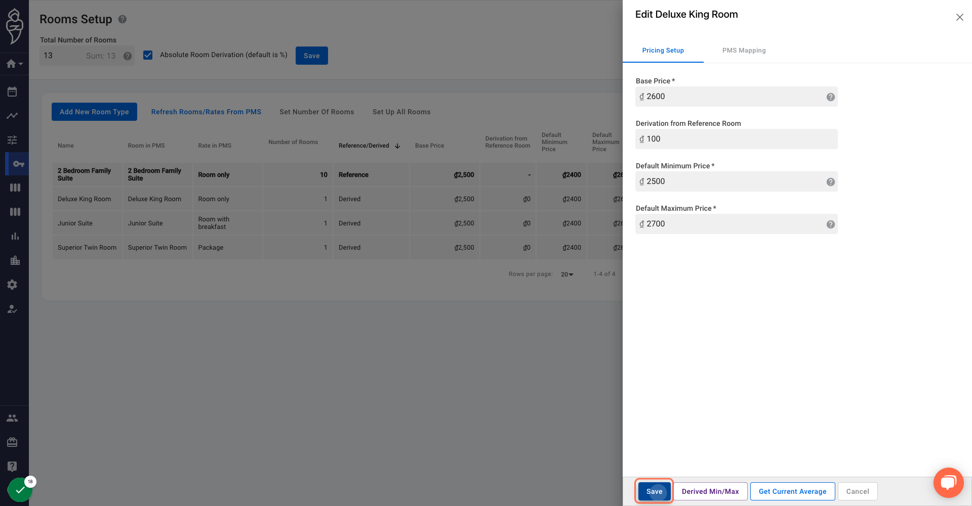 Click on Save and repeat the same for all your derived room types.