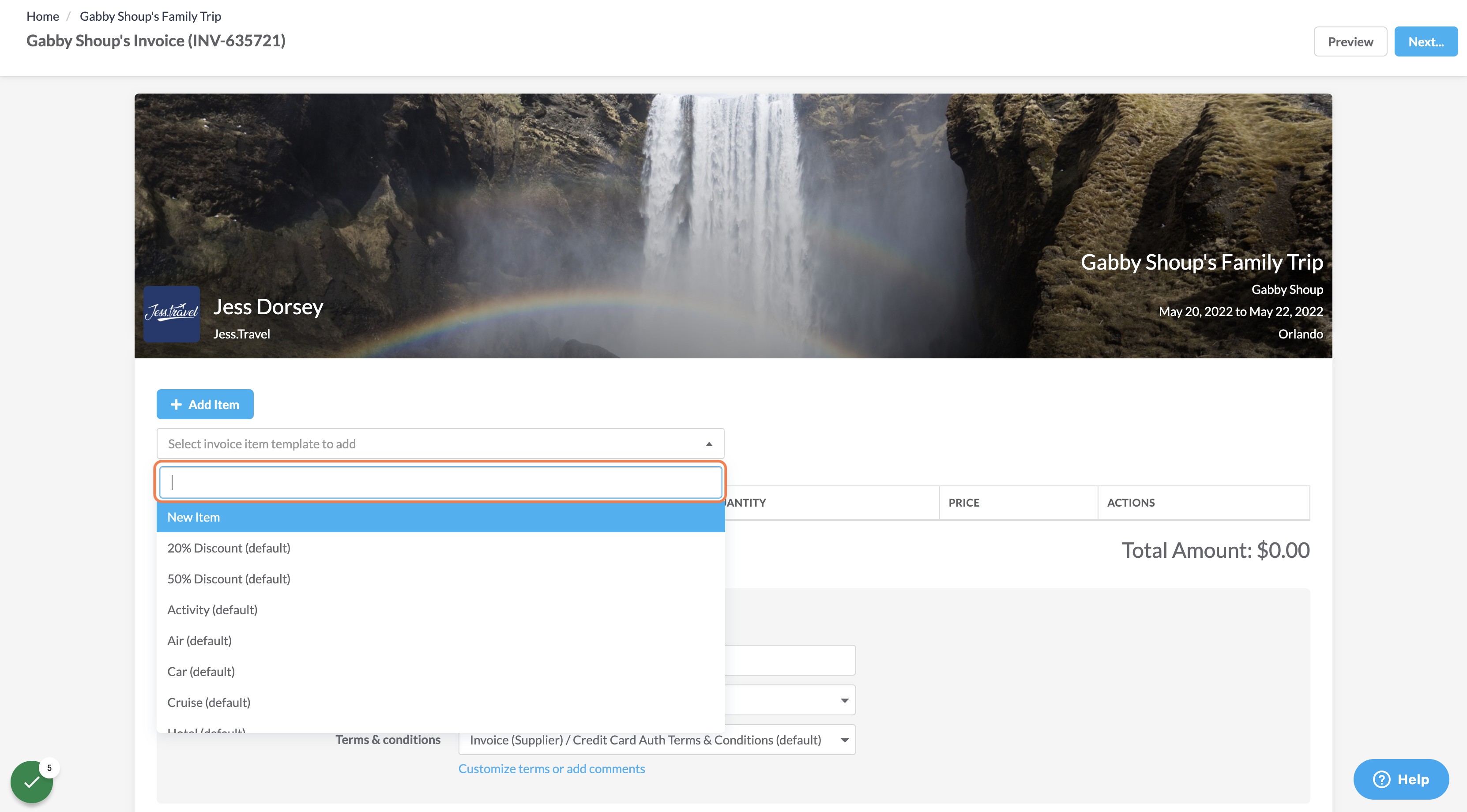 Click on Select invoice item template to add