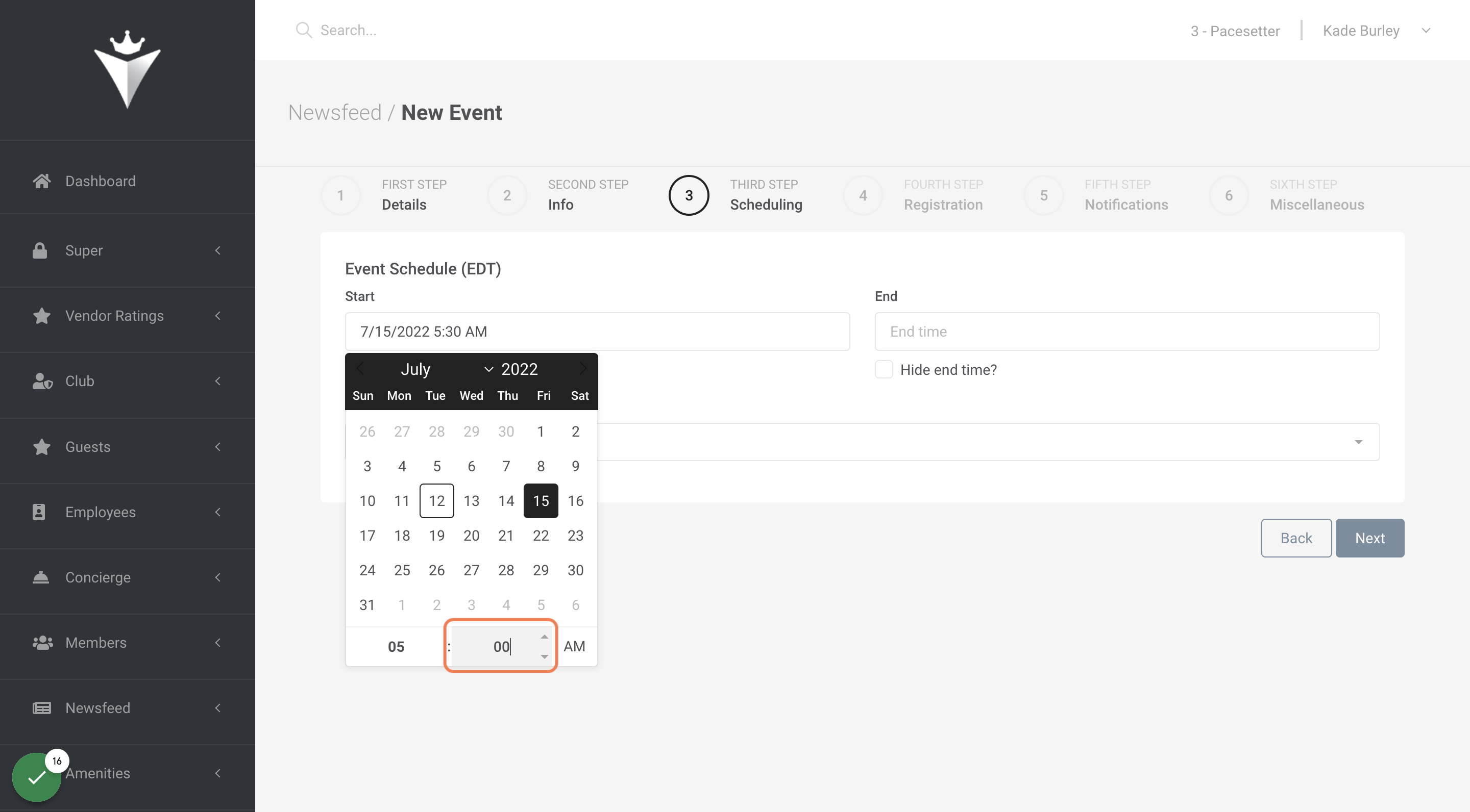 Select event start time.