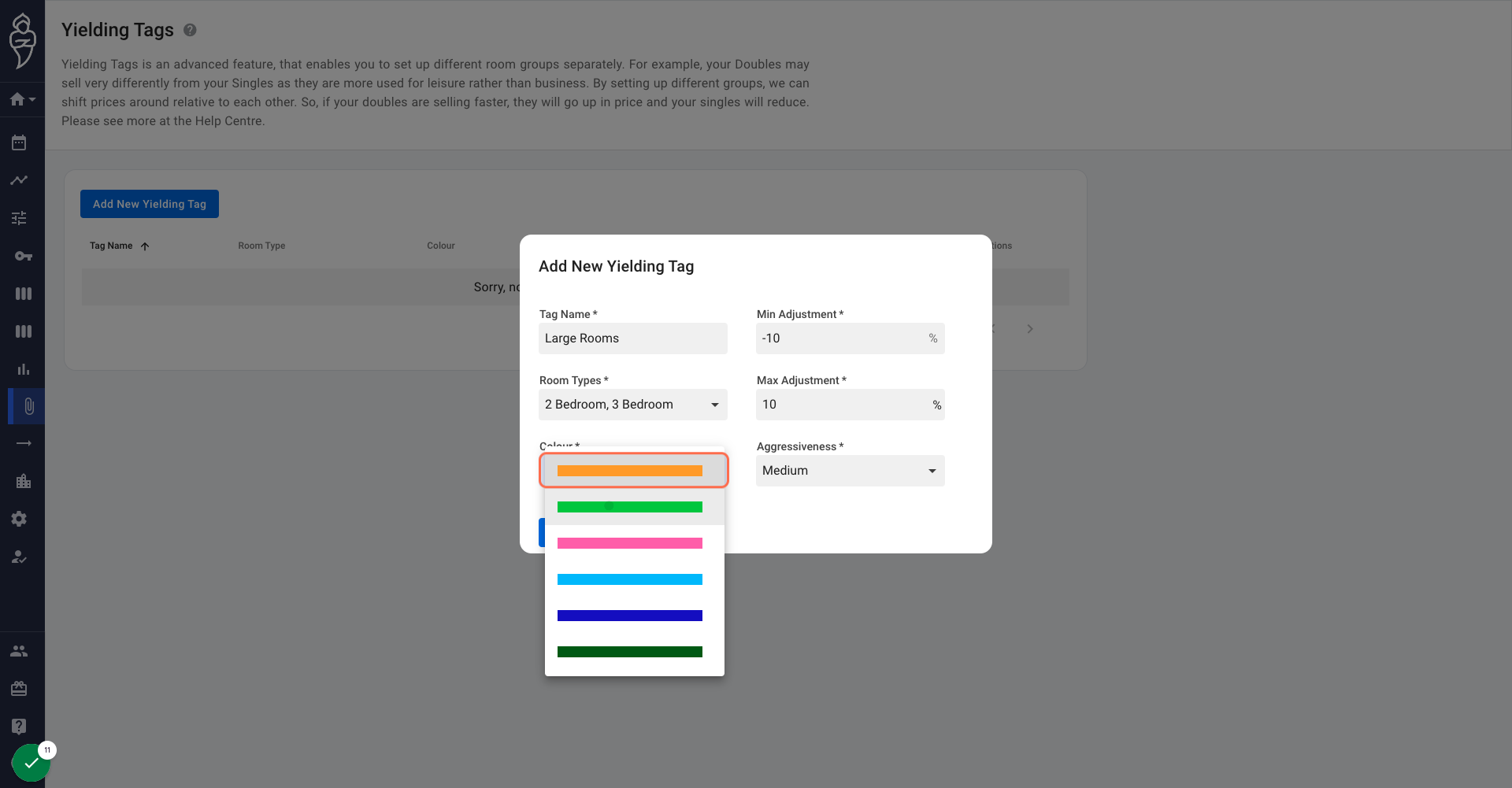 Assign a colour to the "Large Rooms" Yielding Tag.