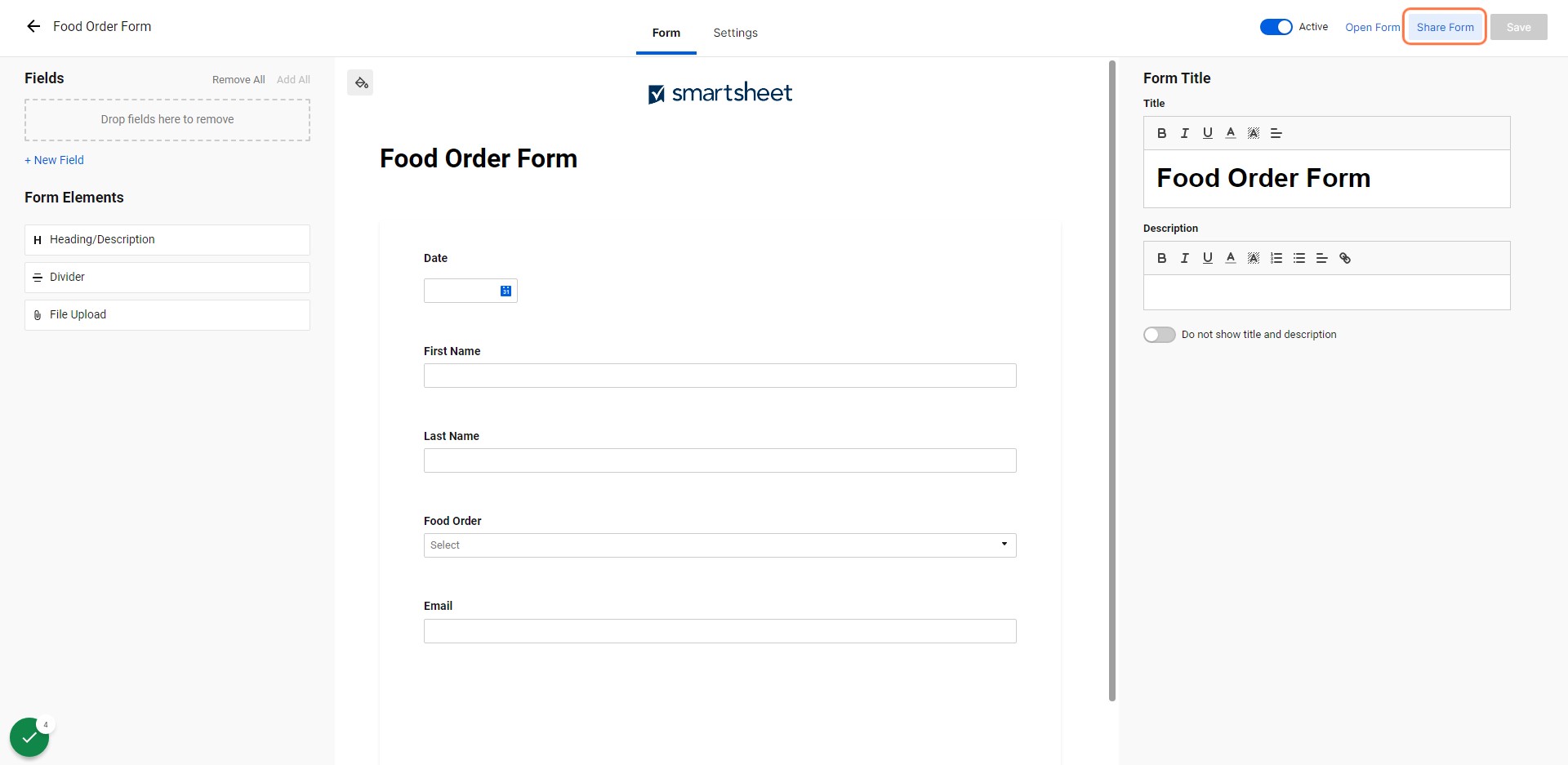 To get the URL to share the form, click on Share Form.