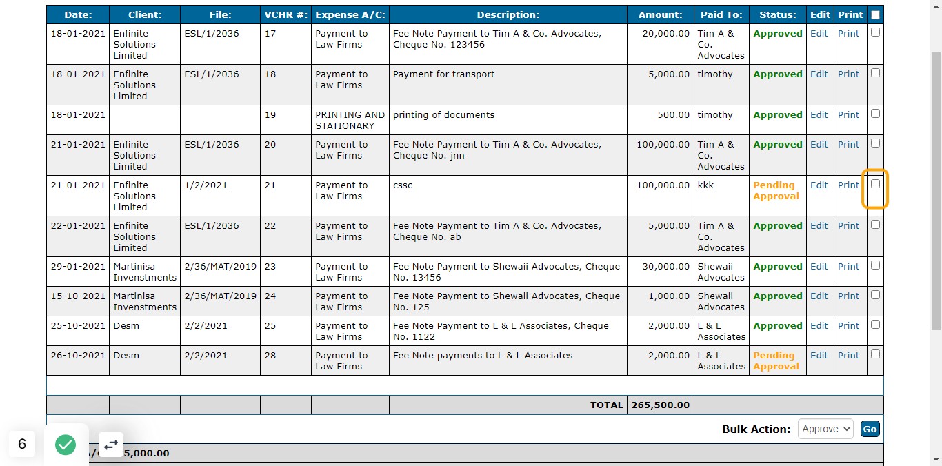 This shows a report of all the payments done, amount and the status