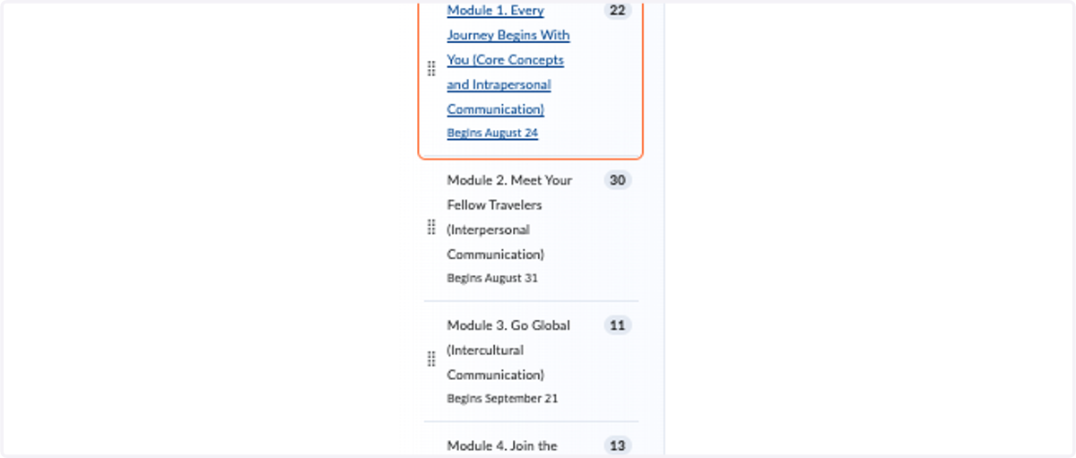Course Narrative: "Journey/Travel" narrative throughout the course and module titles to demonstrate to the journey through human communication concepts