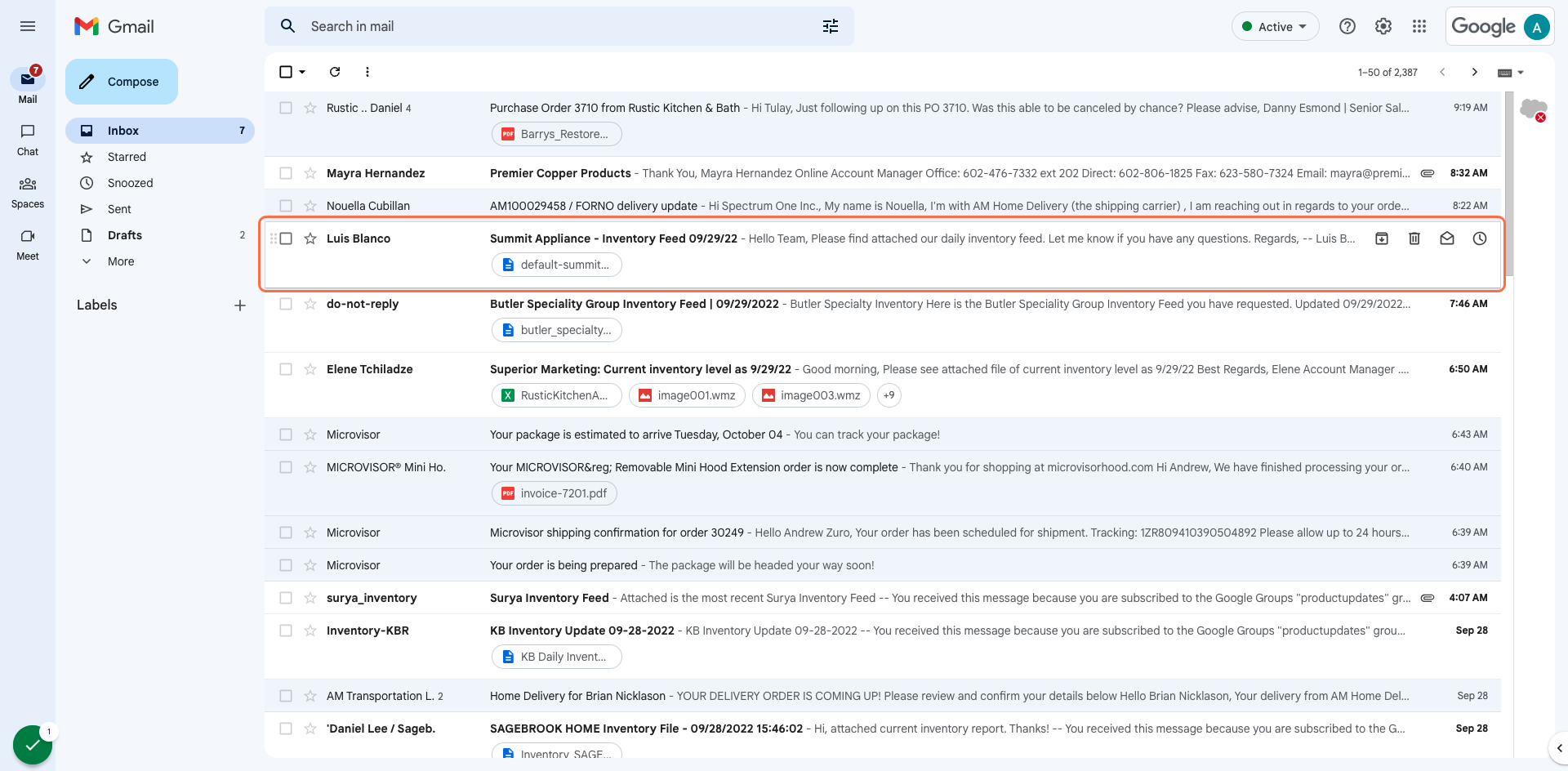 Find the brand email with the inventory attachement.