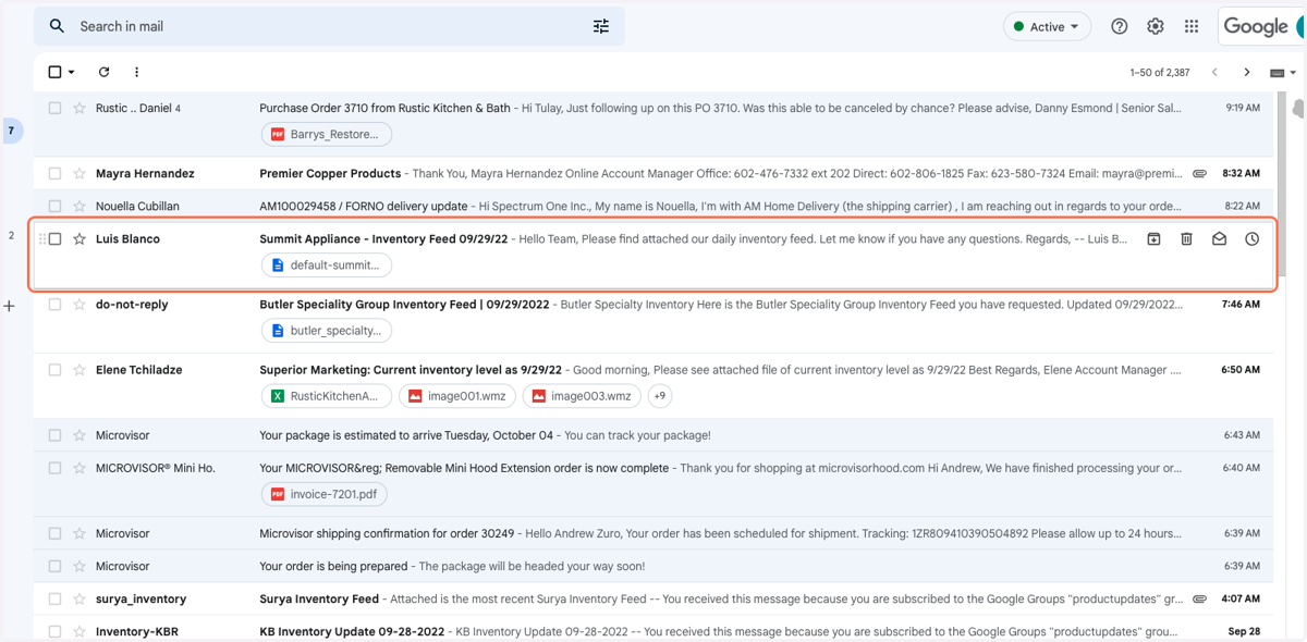 Find the brand email with the inventory attachement.