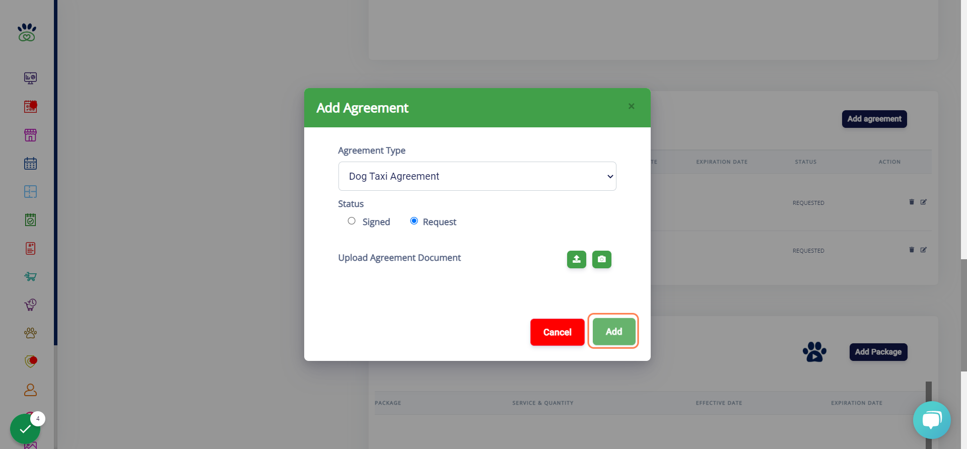 Click on Add, then it will take you back to the main screen. On the main screen a new button will appear next to "add agreement" titled "Request"