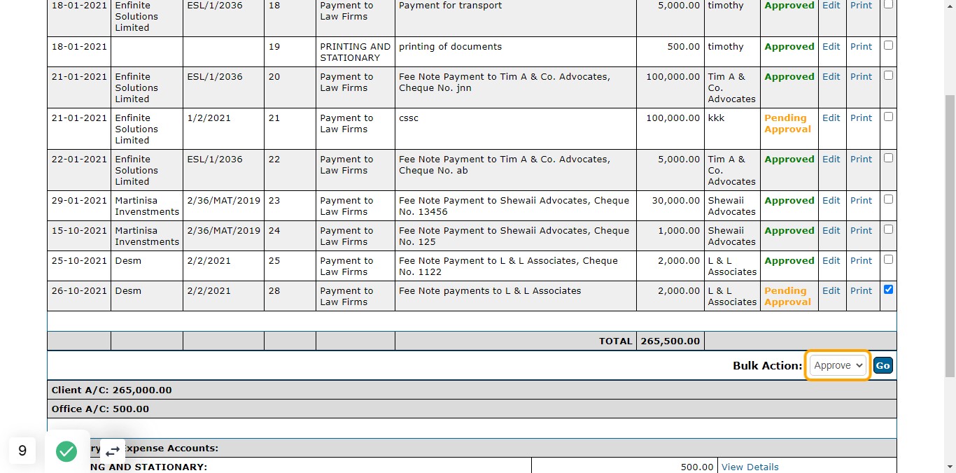 Scroll down to the Bulk Action and select Approve on the dropdown
