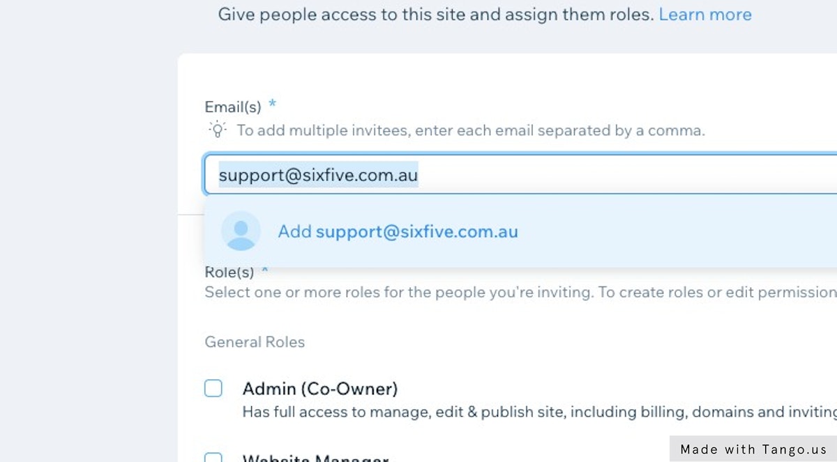 Click on support@sixfive.com.au to confirm the selection