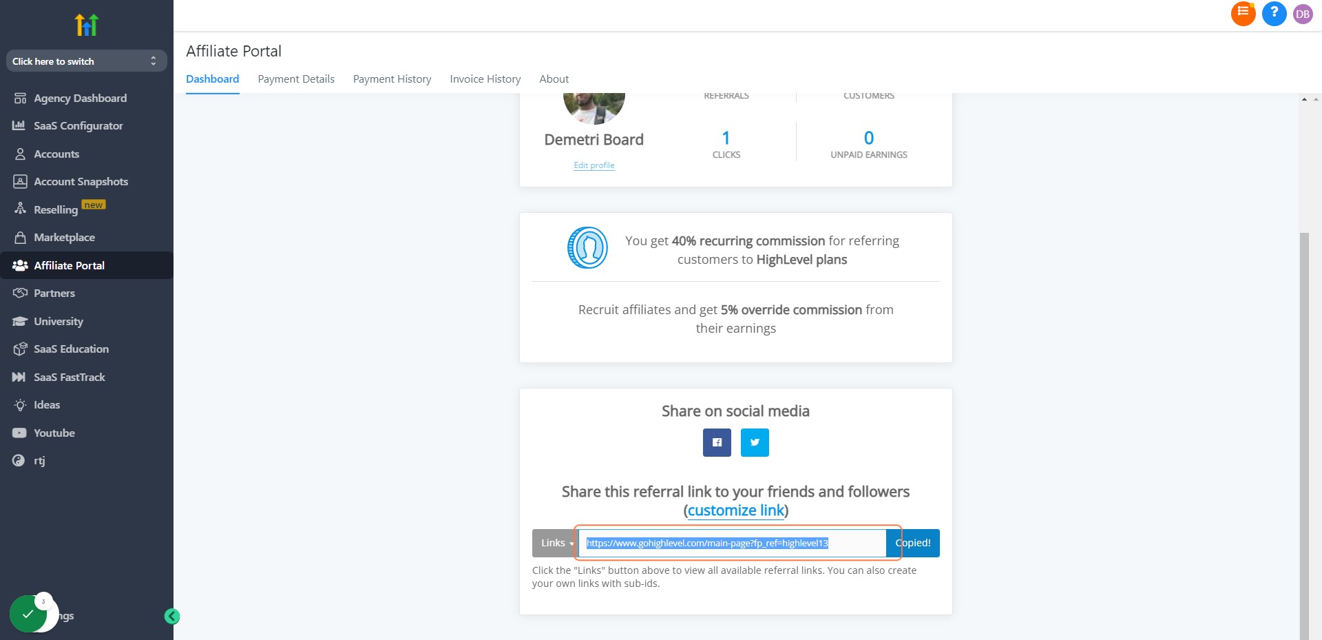 You can find your Affiliate link on the bottom of your affiliate portal home page.