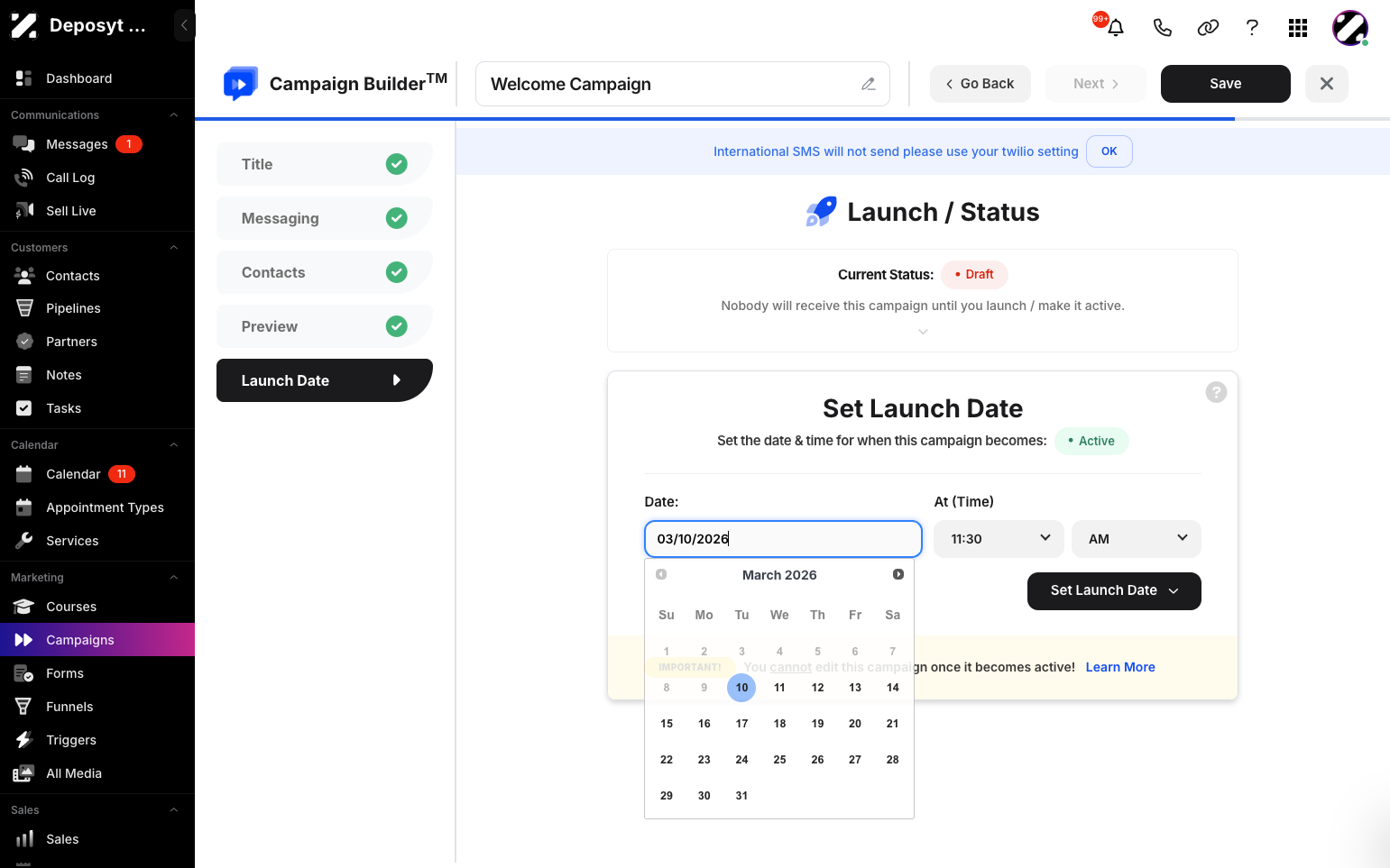 Step 7: Set your launch date and time, then click the Set Launch Date button.