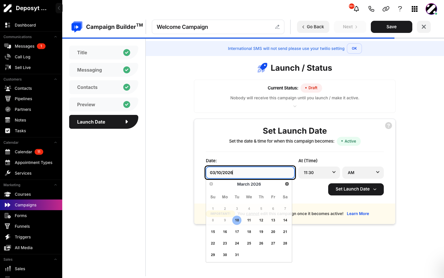 Step 7: Set your launch date and time, then click the Set Launch Date button.