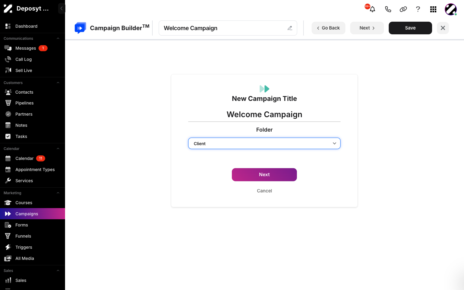 Step 3: Enter your new campaign title, assign a folder, and click Next.