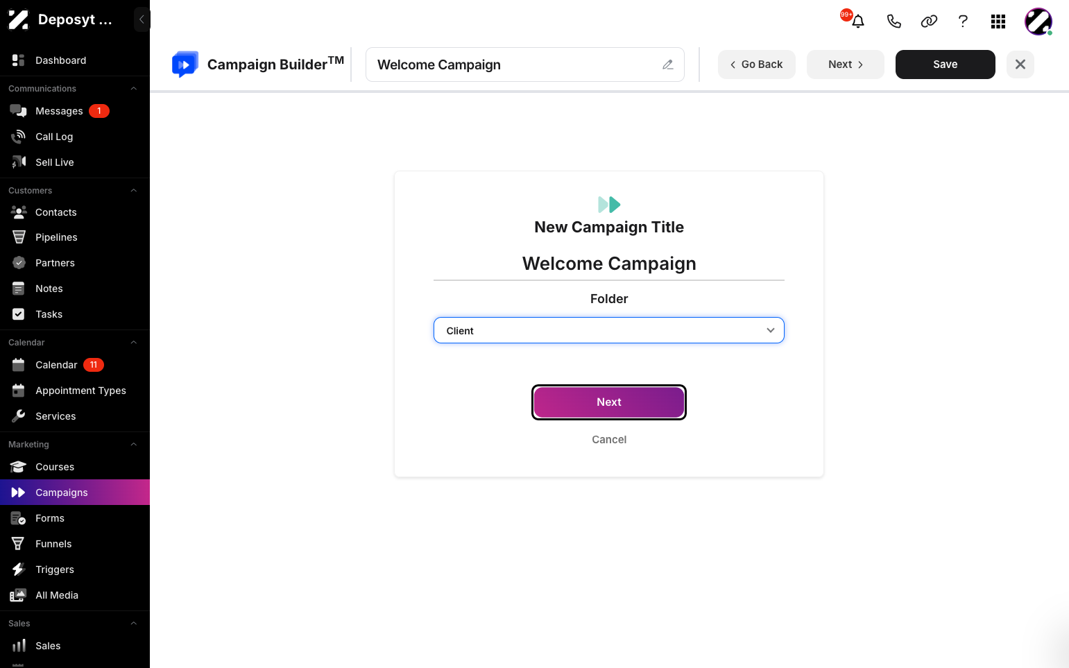 Step 3: Enter your new campaign title, assign a folder, and click Next.