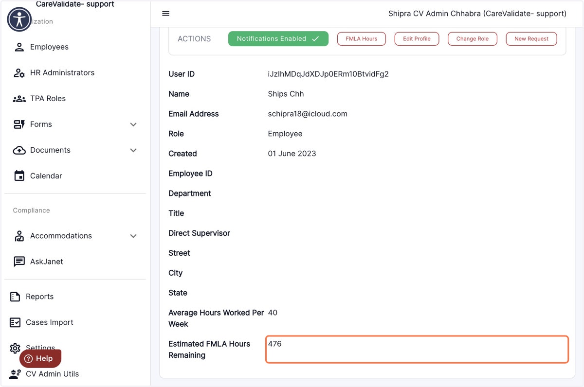 The 'FMLA hours remaining' count displayed in the employee's profile now, will automatically be modified after deducting the hours inputted in step 8