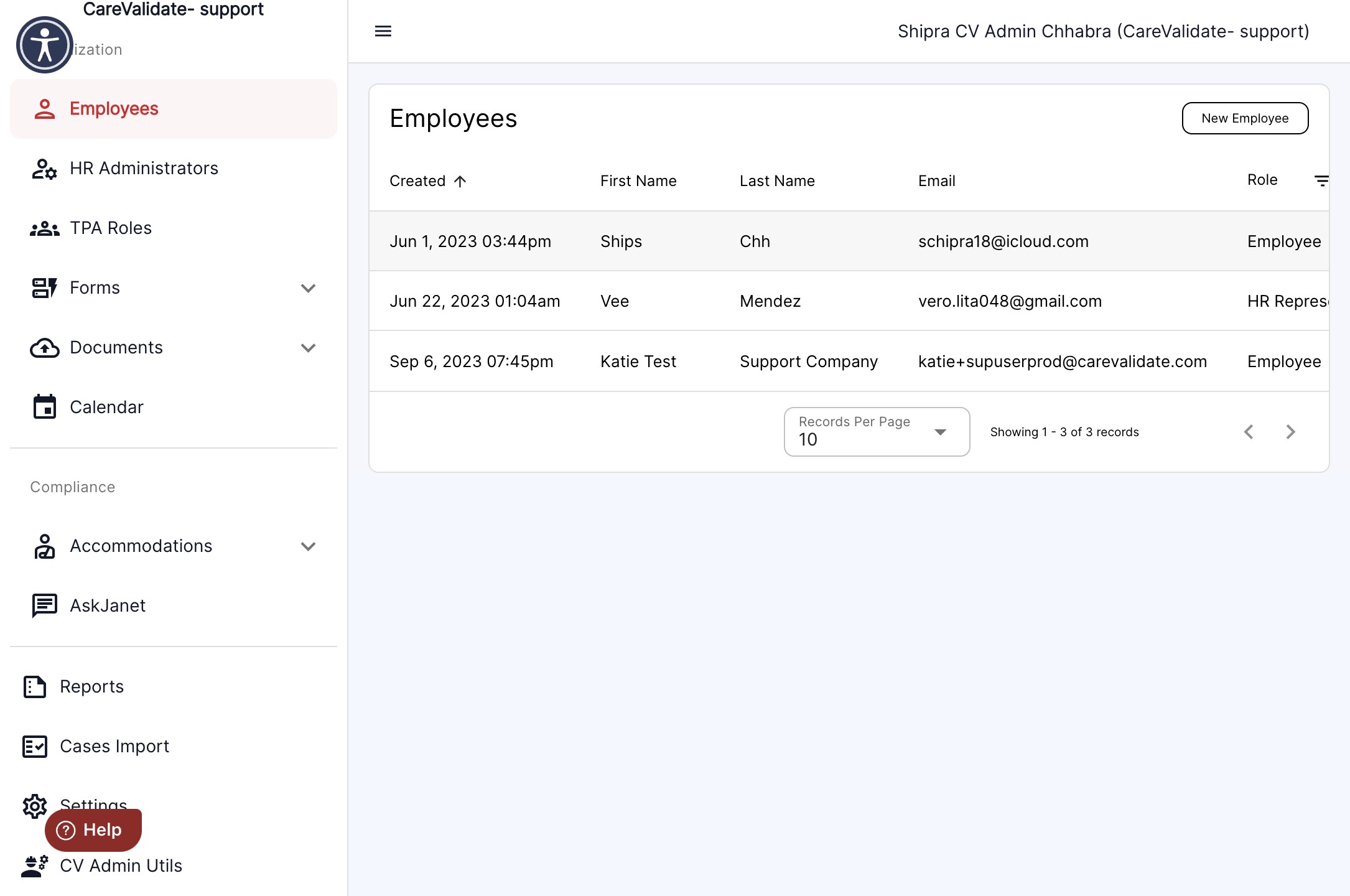 On the Accommocare dashboard, find the 'Employees' tab in the left-hand panel and tap on it. You can then select the desired employee to view their details
