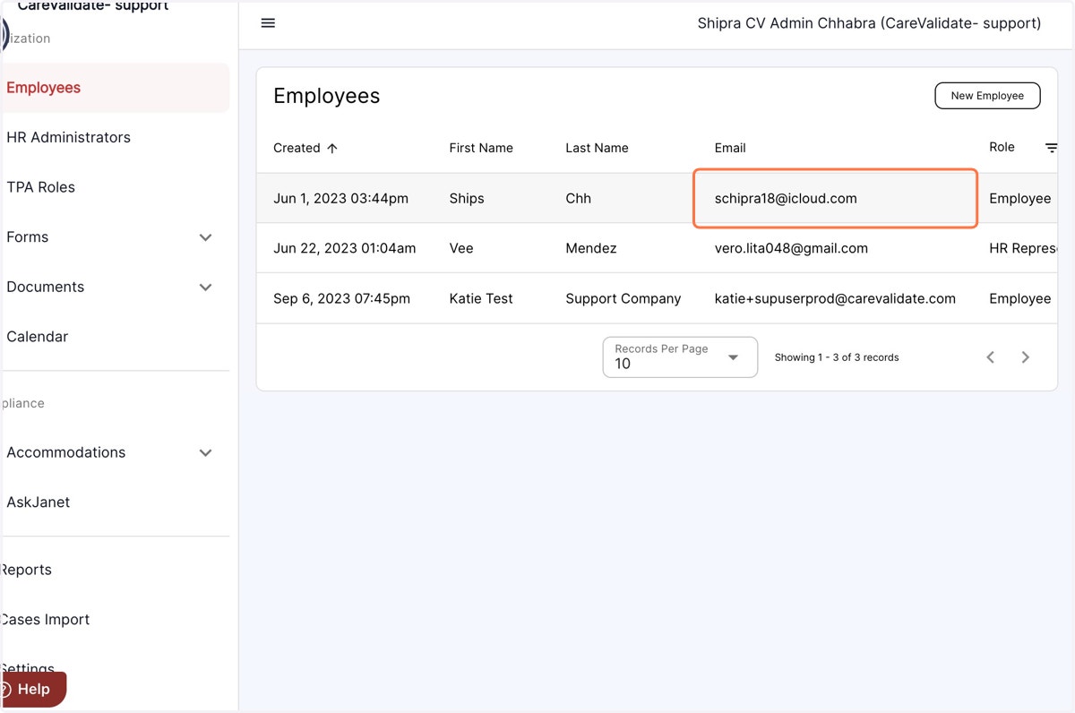 On the Accommocare dashboard, find the 'Employees' tab in the left-hand panel and tap on it. You can then select the desired employee to view their details