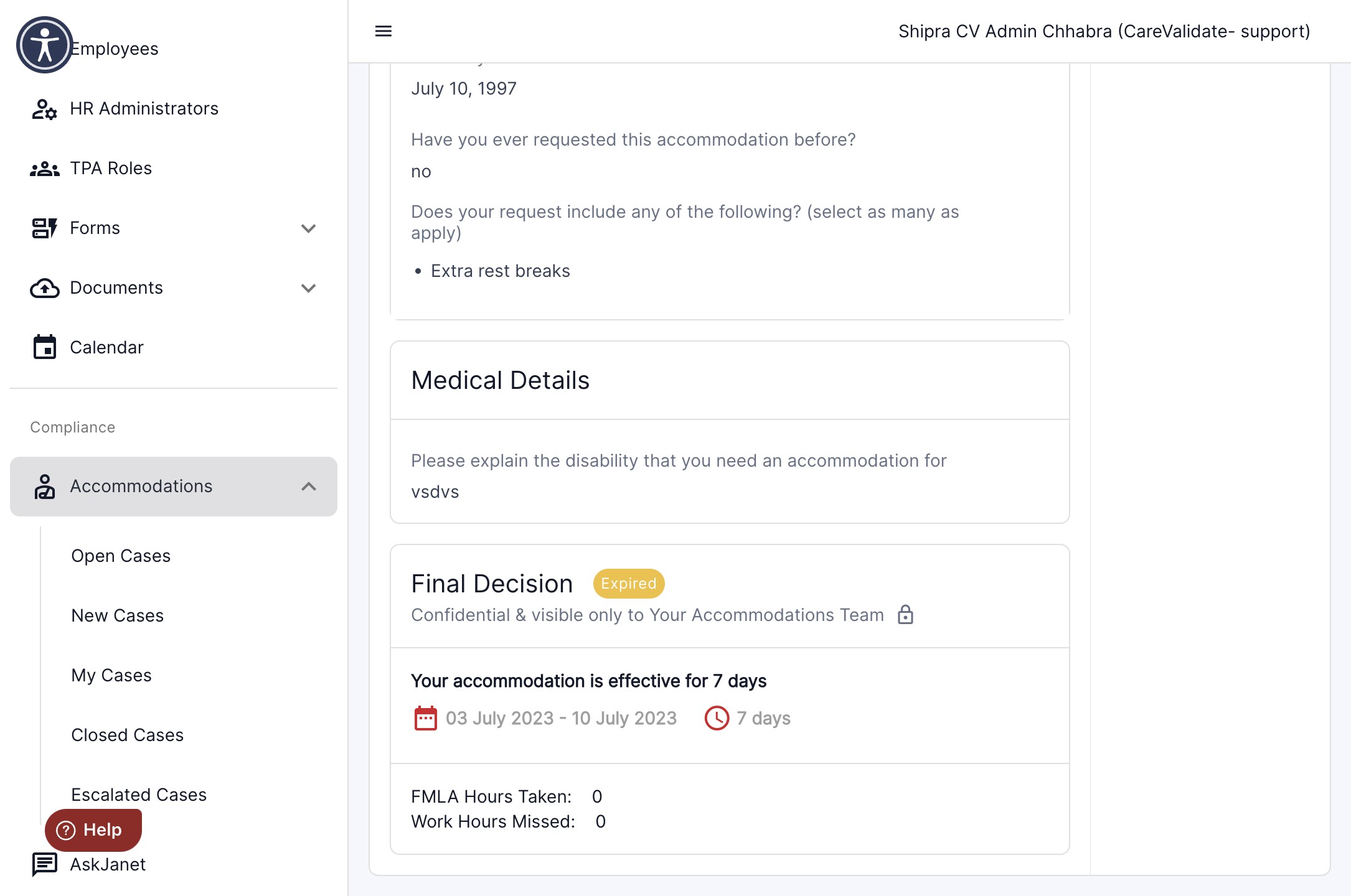 Click on any case where the final decision has been made and you will be able to view the total tally of FMLA hours used under the final decision.