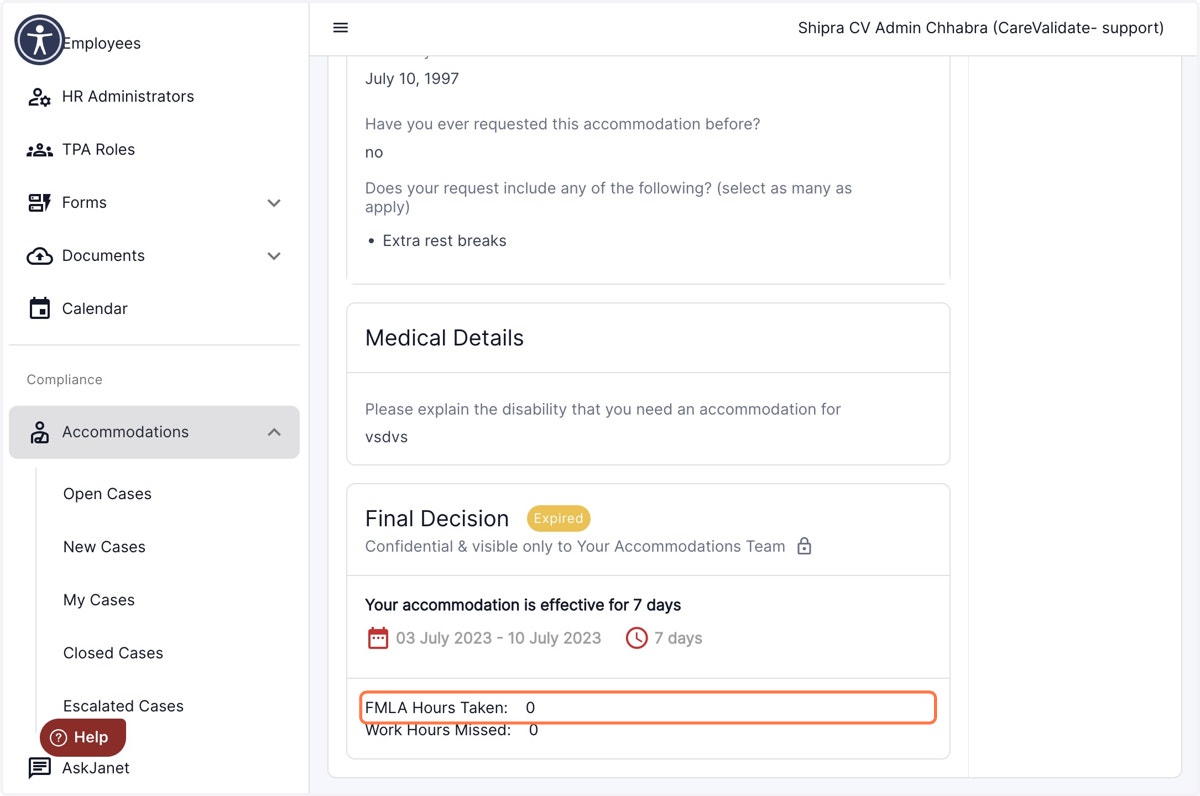 Click on any case where the final decision has been made and you will be able to view the total tally of FMLA hours used under the final decision.