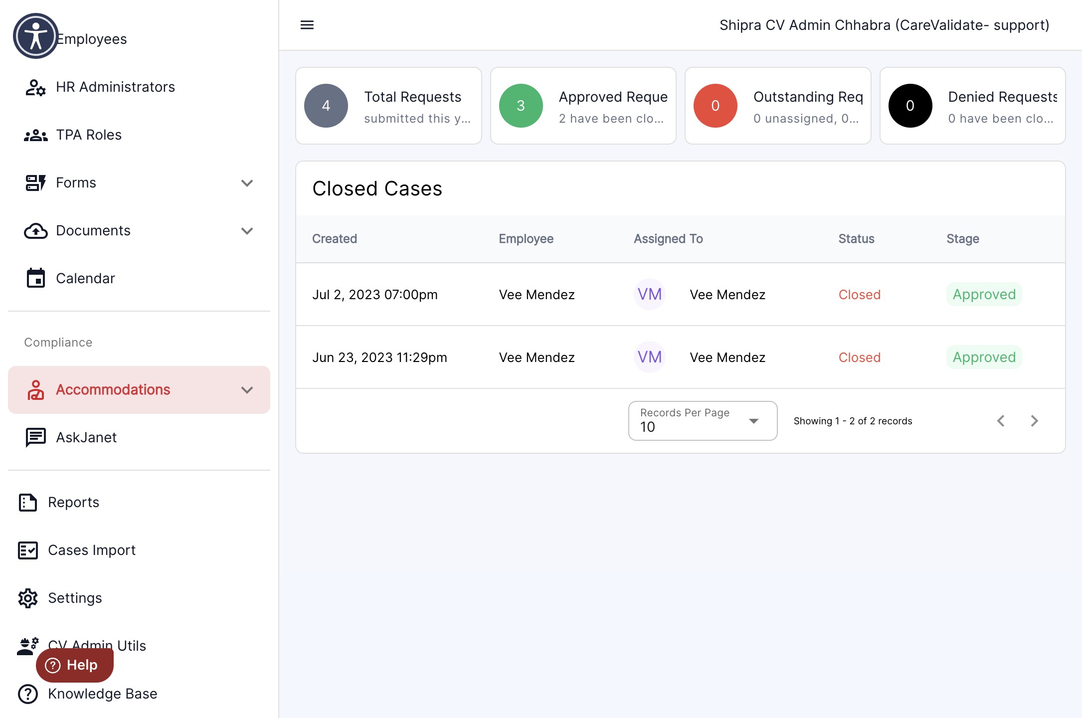 Click on "Accommodations" tab in the left panel to display the cases