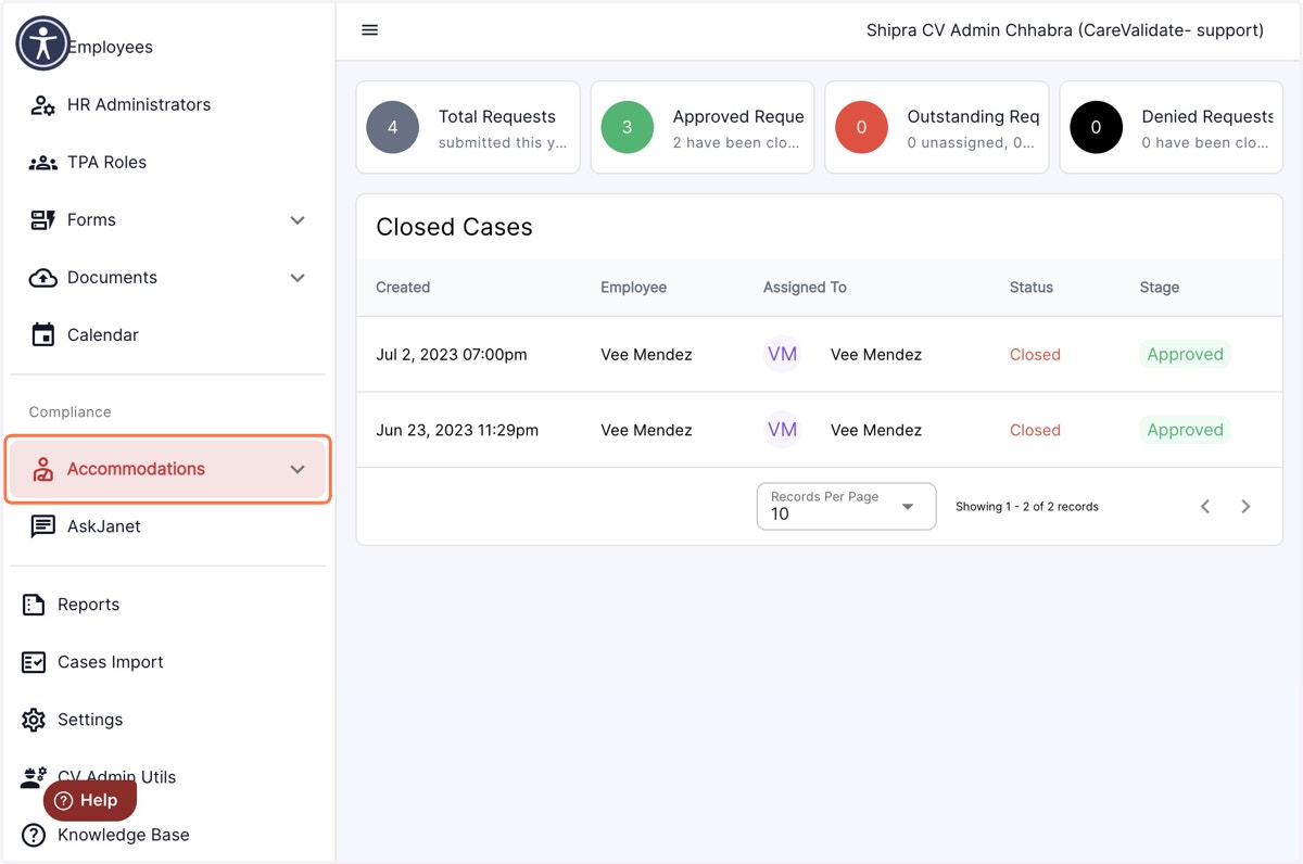 Click on "Accommodations" tab in the left panel to display the cases