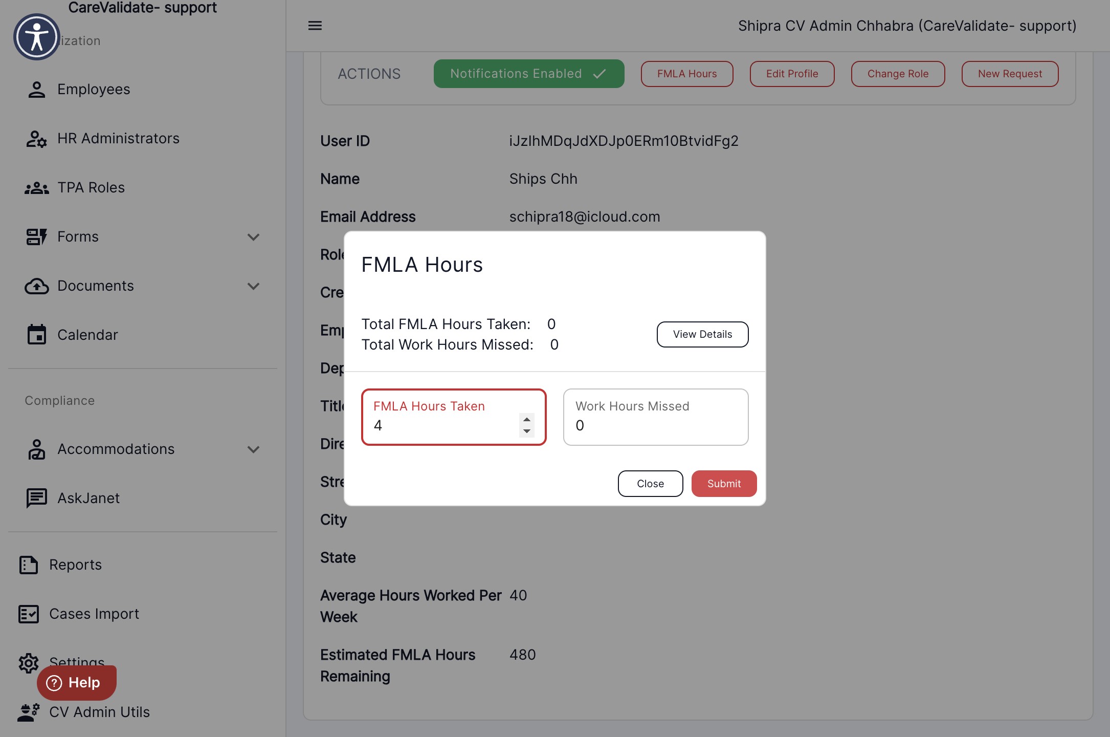 Once you add the desired number of hours, click on submit to record the data.
