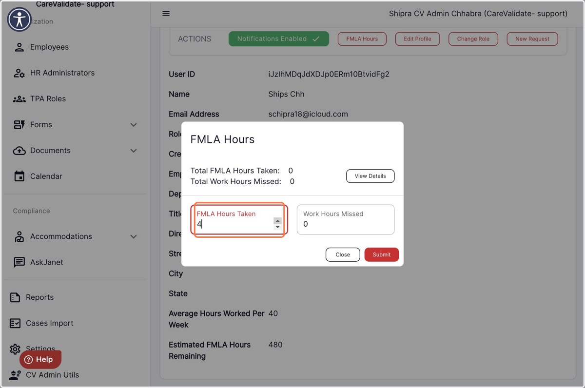 In this tab, you will be able to input the number of FMLA hours used by the employee.