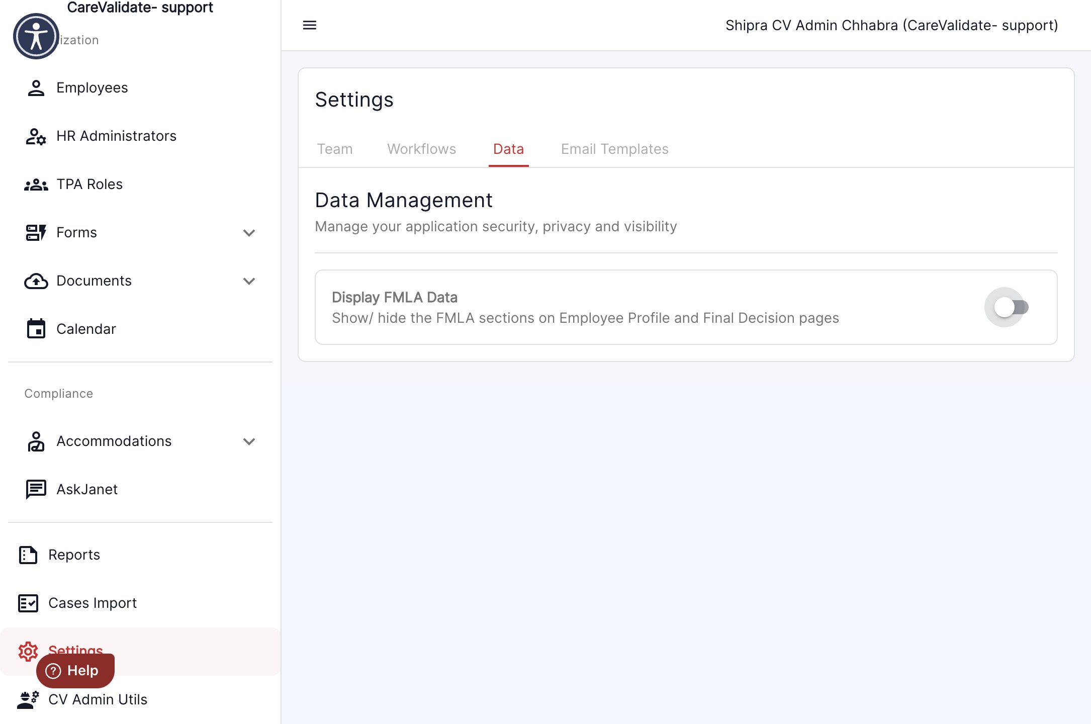 Click on the Data tab under the settings menu and switch on the display FMLA data tab, to input and view the FMLA hours in employees profiles and final decision.
