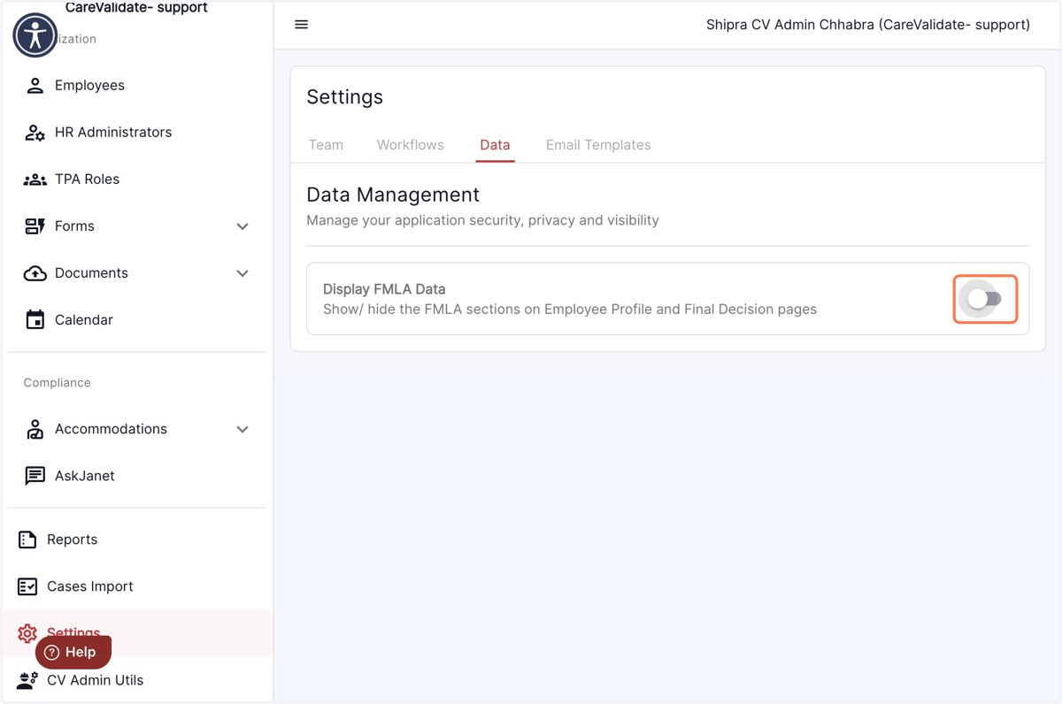 Click on the Data tab under the settings menu and switch on the display FMLA data tab, to input and view the FMLA hours in employees profiles and final decision.