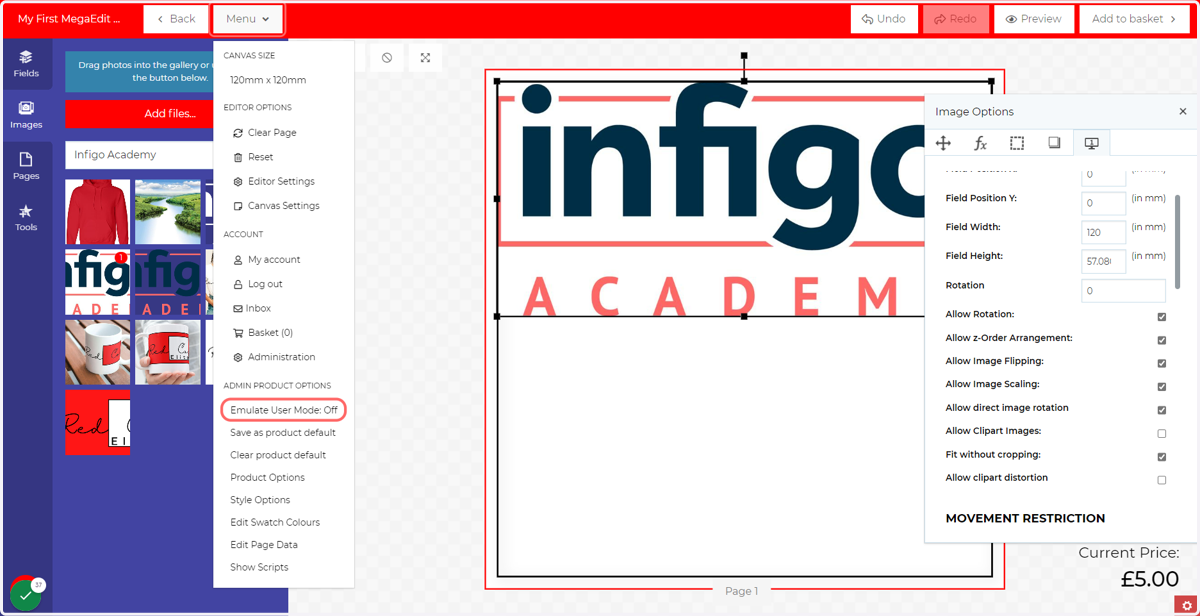 Click on Menu, then Emulate User Mode