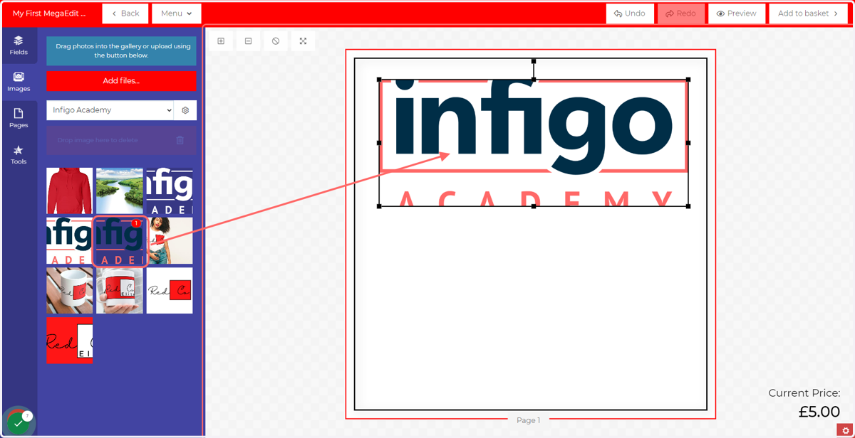 Drag an image from the gallery and drop it on to the image frame
