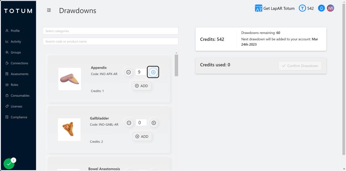 Click the plus icon to increase the number of models you would like to draw down