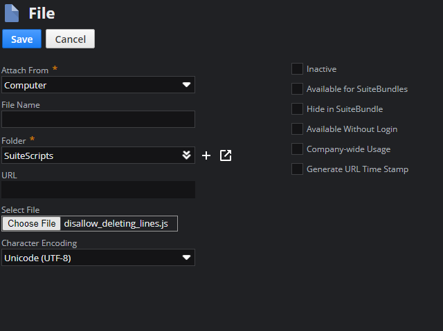 Select your .js file from the upload menu