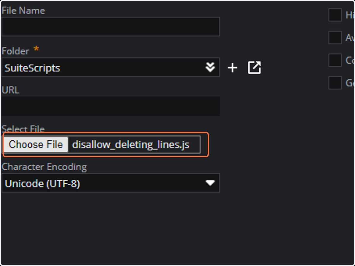 Select your .js file from the upload menu