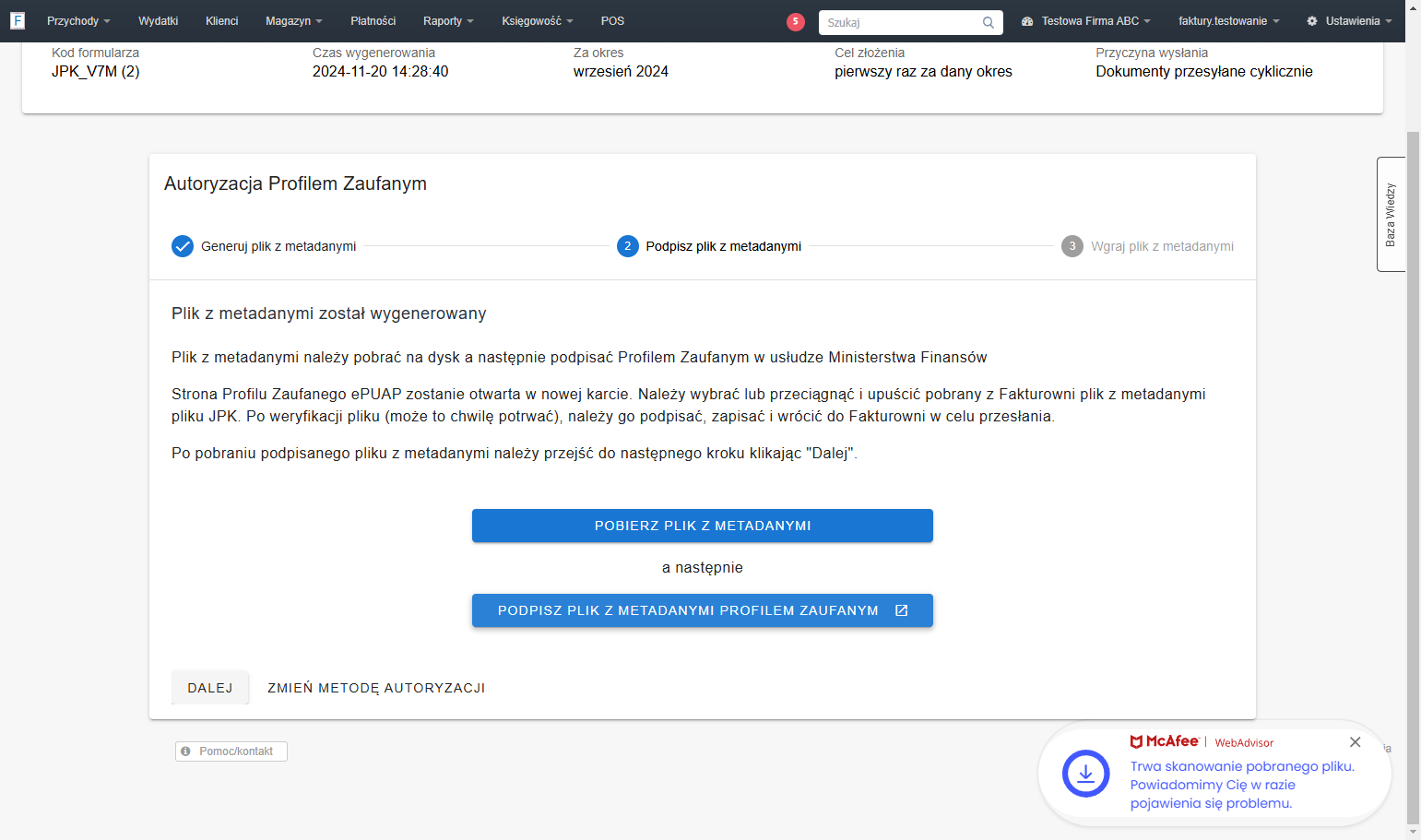 Następnie kliknij przycisk 'Podpisz plik z metadanymi profilem zaufanym'.