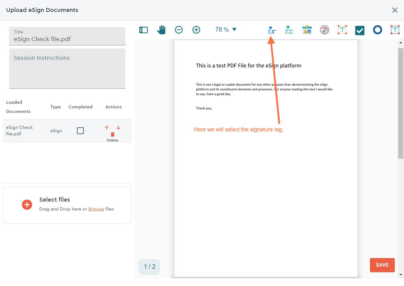 For this example, we will add a signature tag to this document...
