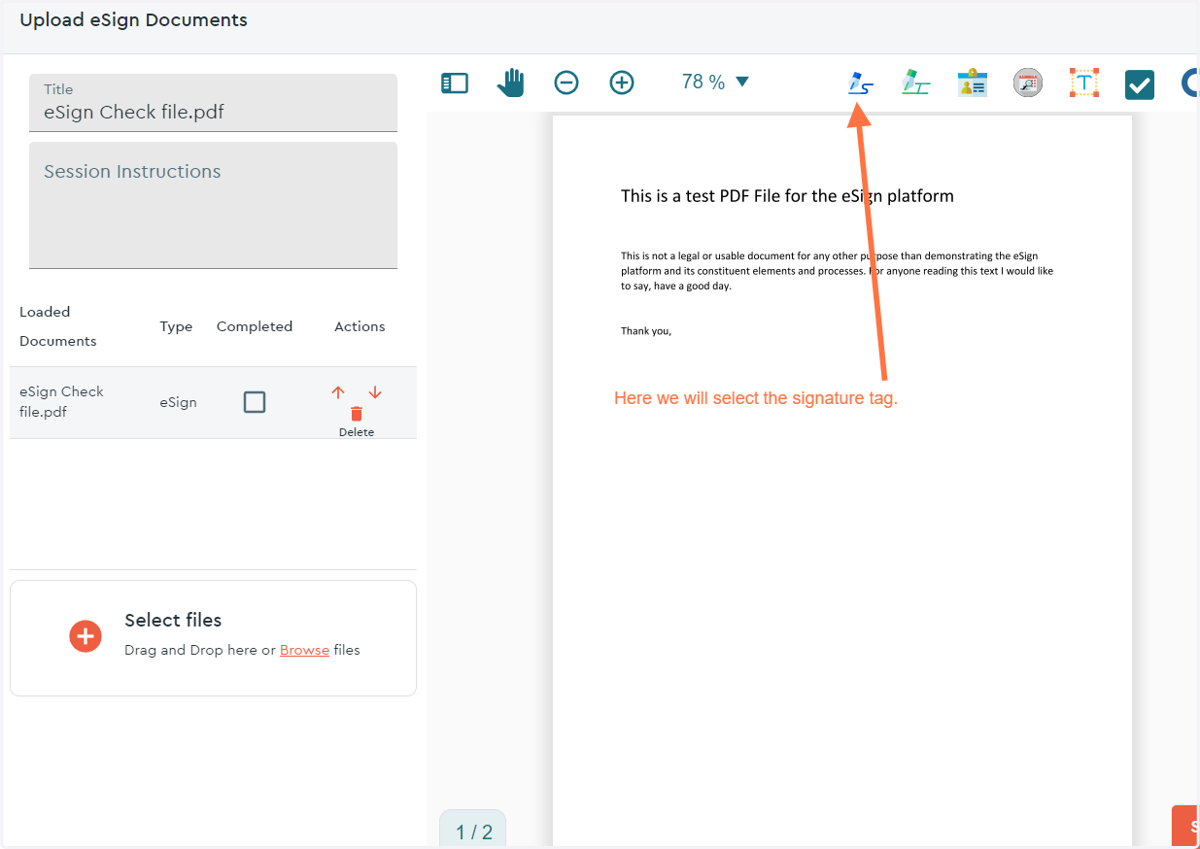 For this example, we will add a signature tag to this document...