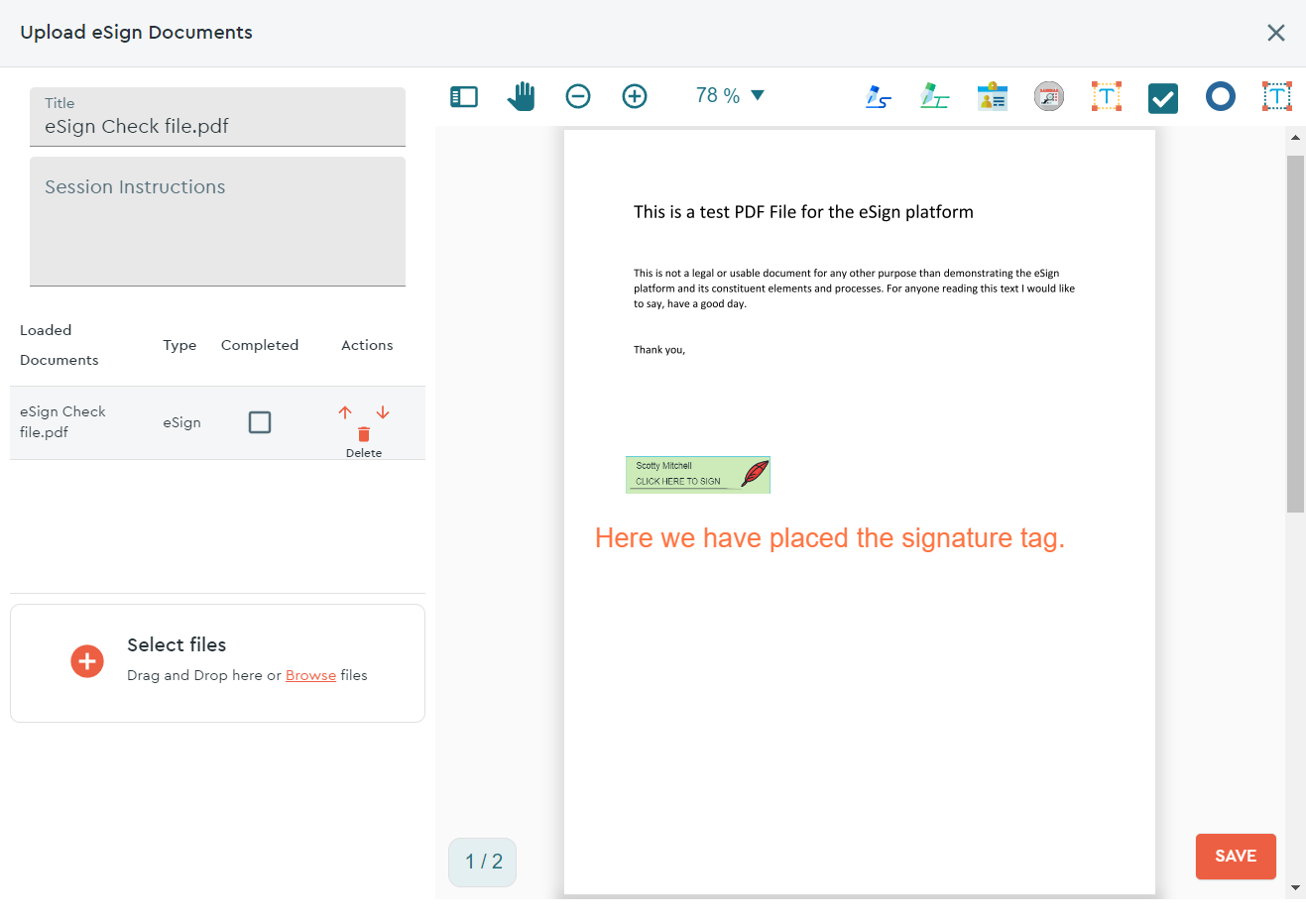 After clicking the blue pen squiggle icon, simply click on the document where you would want to place this tag...