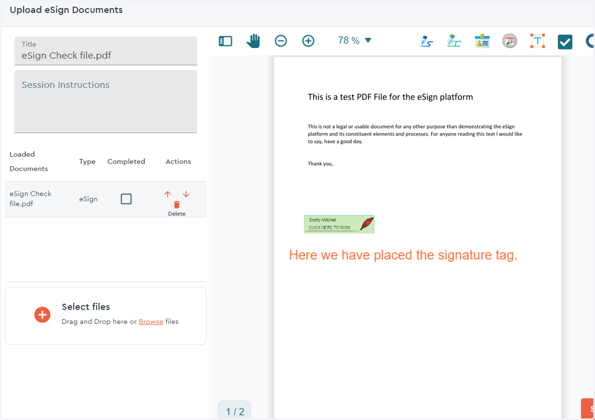 After clicking the blue pen squiggle icon, simply click on the document where you would want to place this tag...