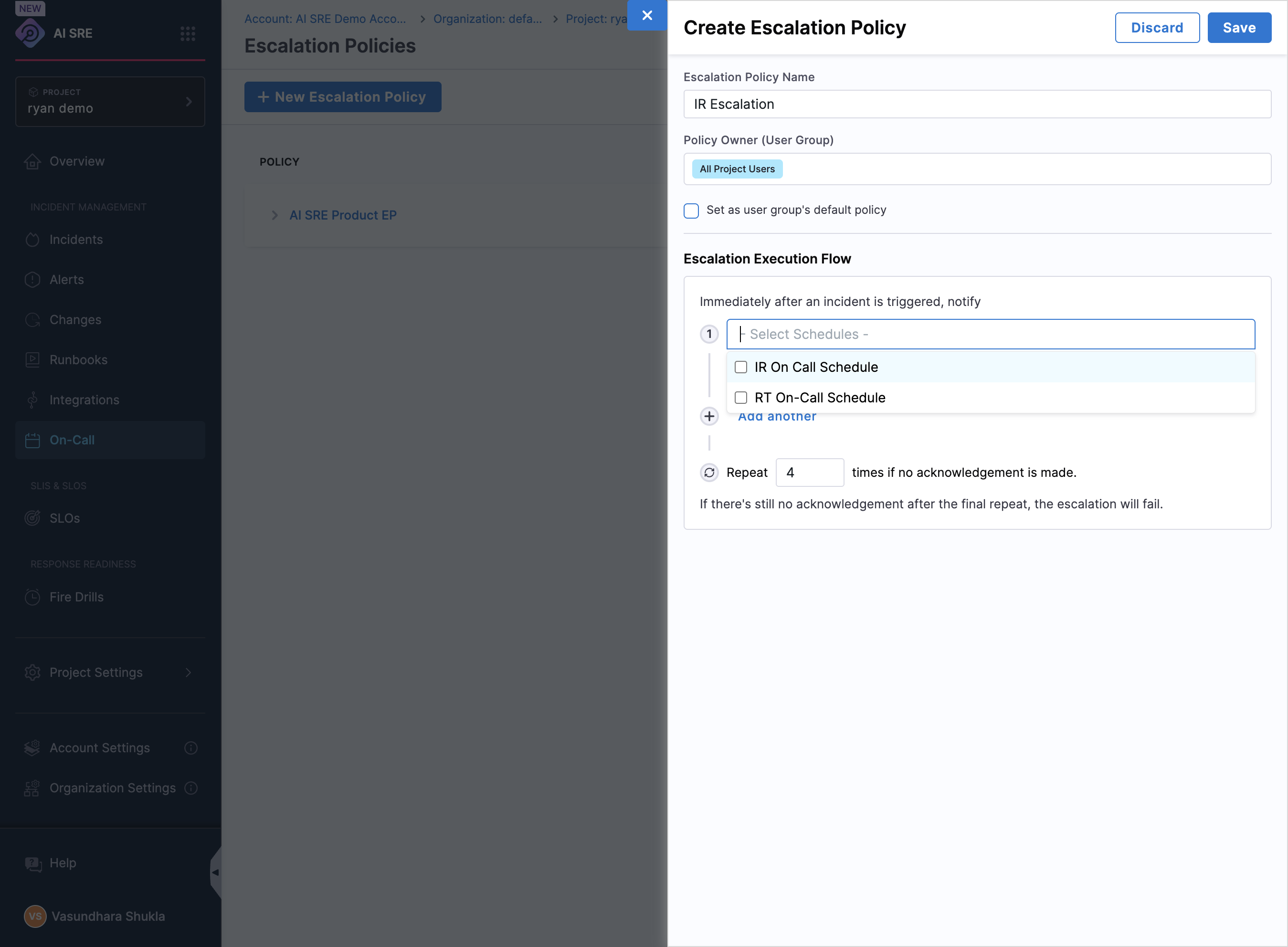 Select Schedules to be added to the Escalation policy