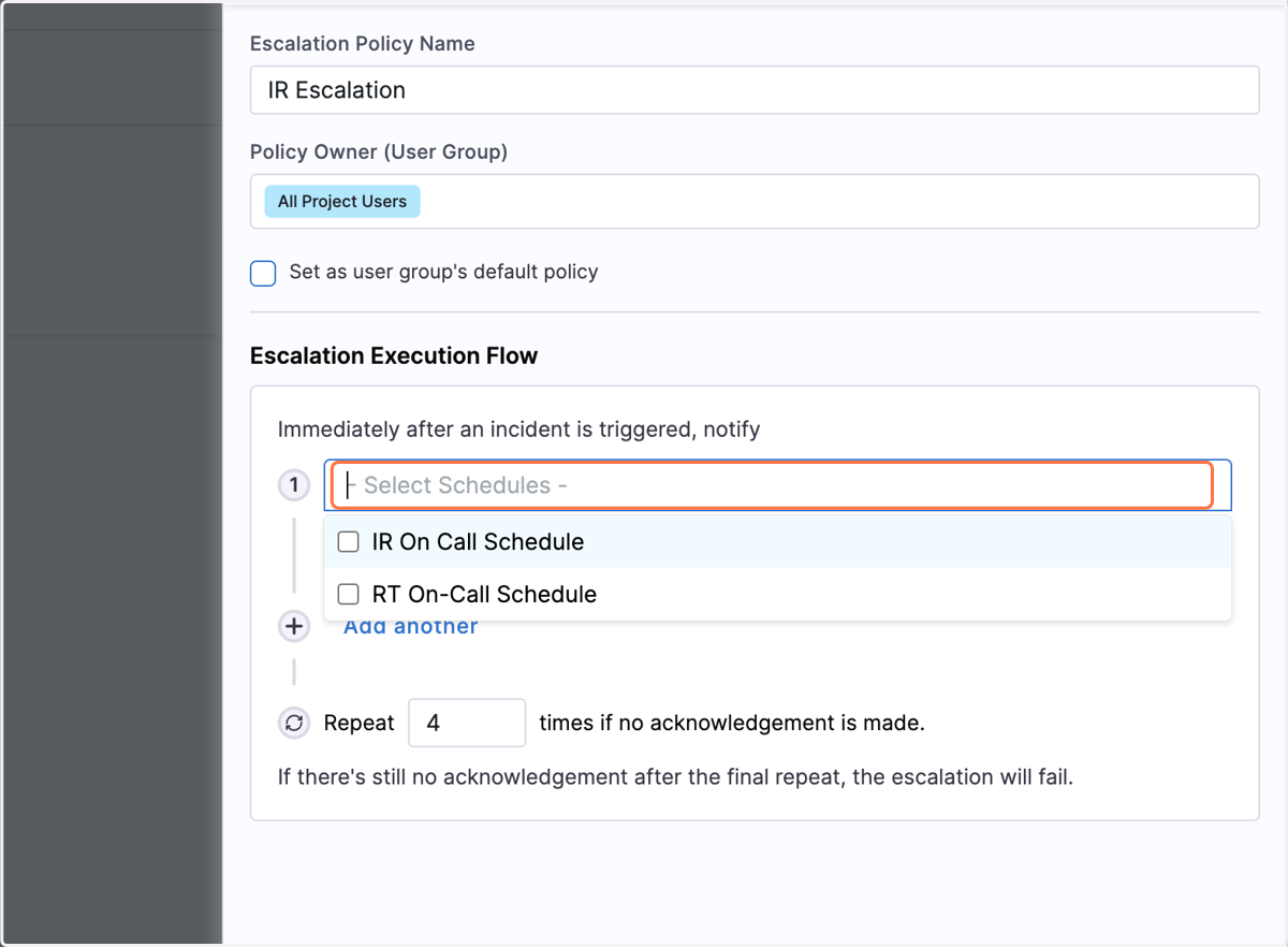Select Schedules to be added to the Escalation policy