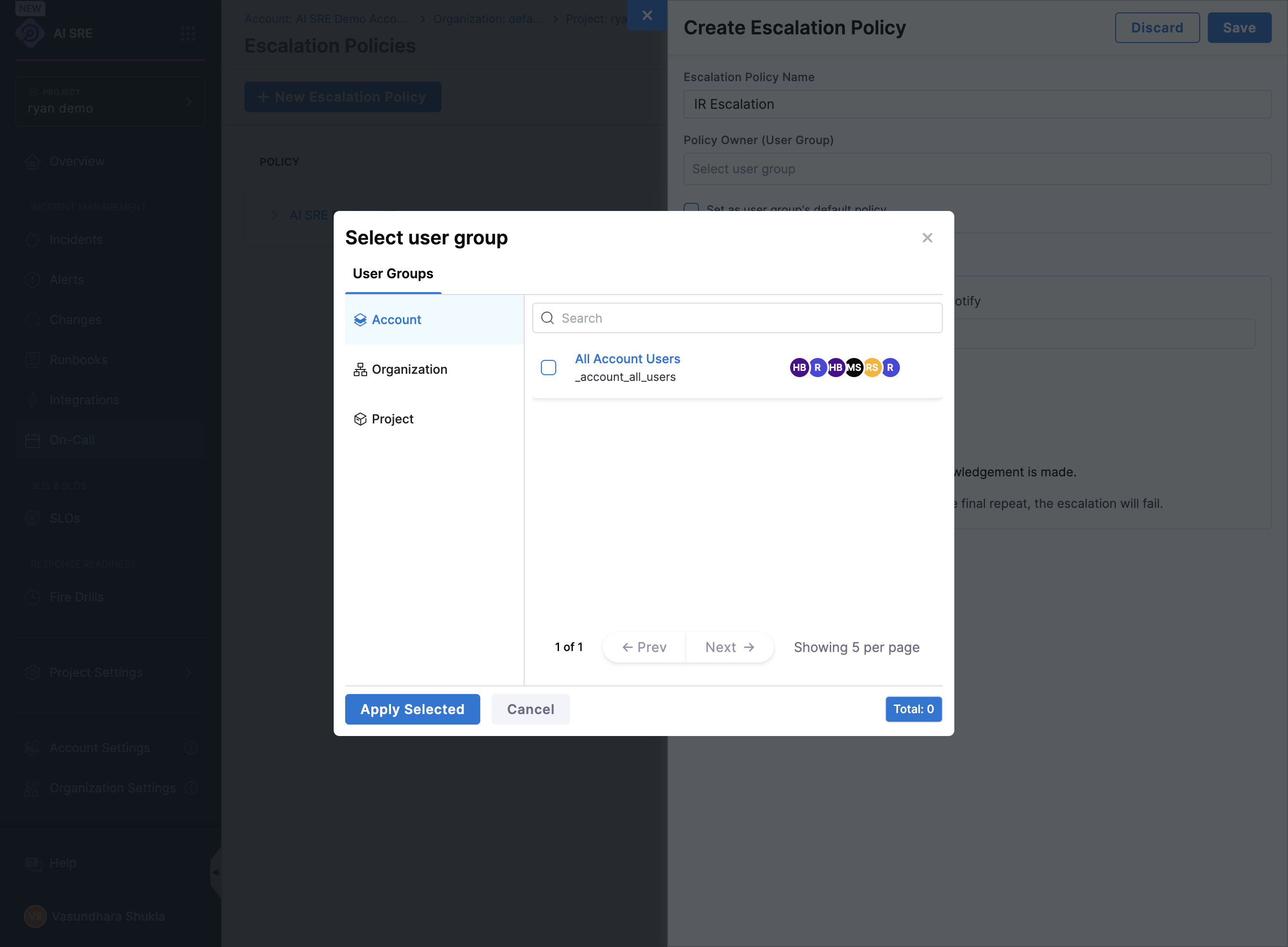 Select the user group from the different levels of access- account/ organisation/ project.