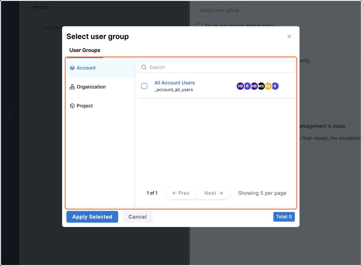 Select the user group from the different levels of access- account/ organisation/ project.