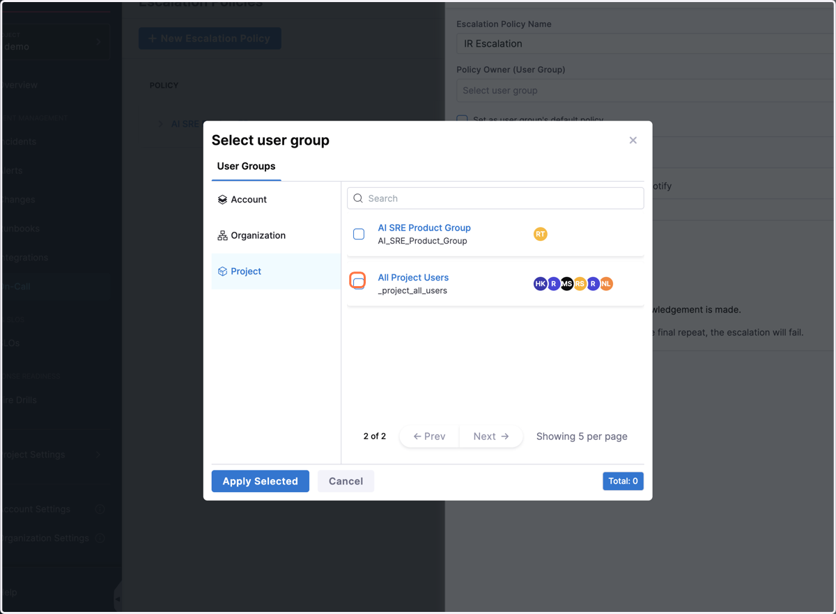 Click on the checkbox to select the user group.