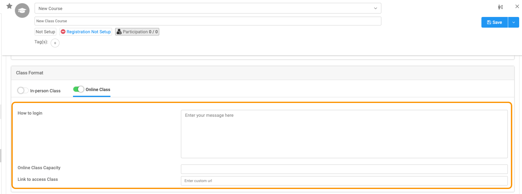 Or toggle on Online Class and add login details