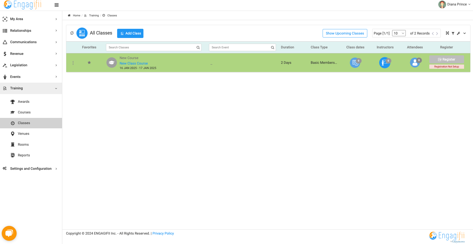 Click on the class name to configure the details and set up registration.