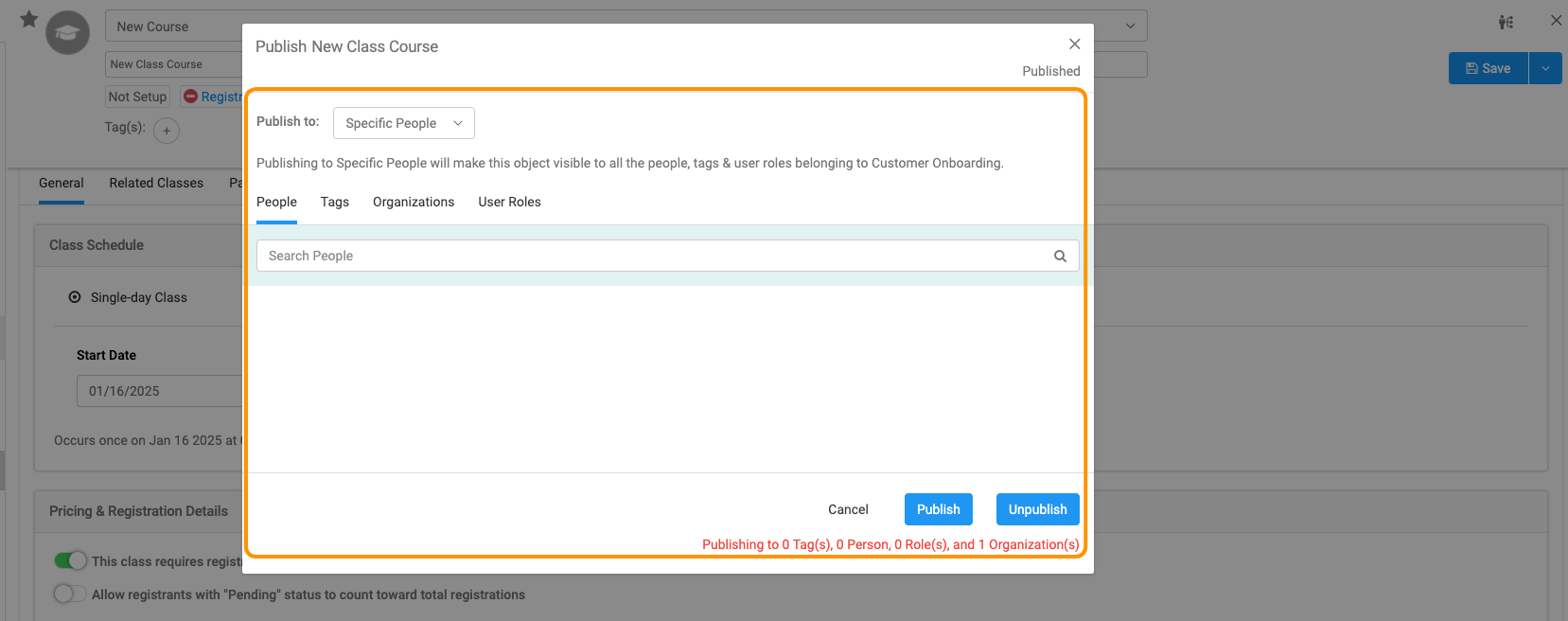By clicking this icon, you can set the visibility of the course and determine who is able to see it